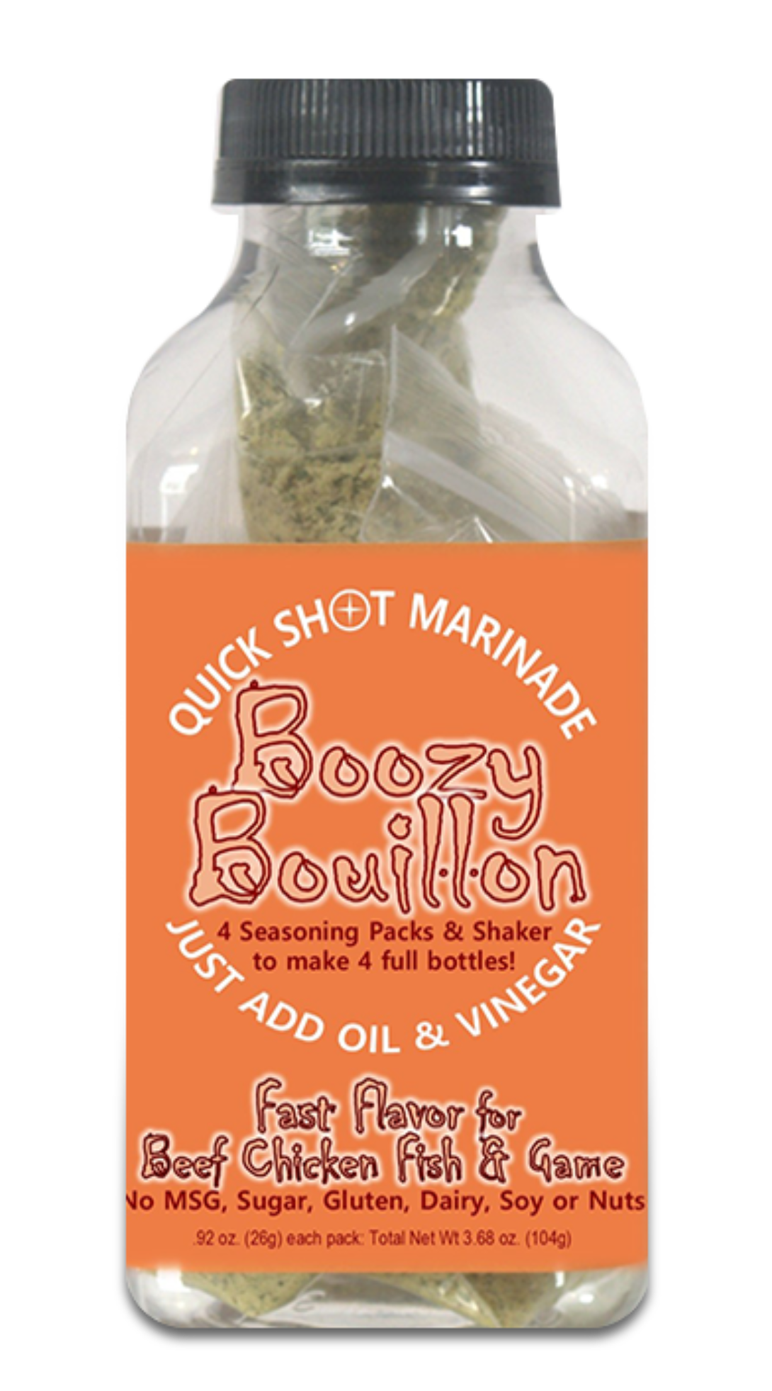 BOOZY BOUILLON Seasoning Packs & Shaker to make 4 Bottles of Fast Flavor Marinade